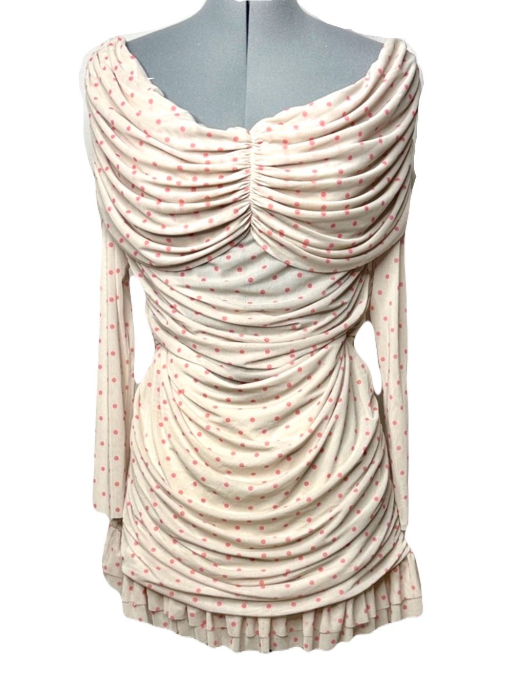 NWT Ruched Long Sleeve Mesh Pink Polka Dot Mini Dress Queen XXL